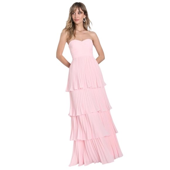 Lulus Pink Tiered Strapless Maxi Dress NWT Size XS Pink Wedding Guest Dress - Picture 1 of 10